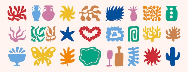 abstract matisse organische vormen set bladplanten cactus vaas collage stijl hedendaagse esthetische kleurrijke elementen collectie