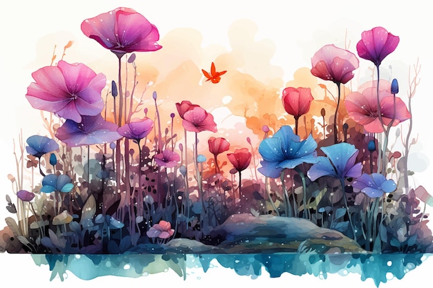 Abstract meadow watercolor flowers with colorful square