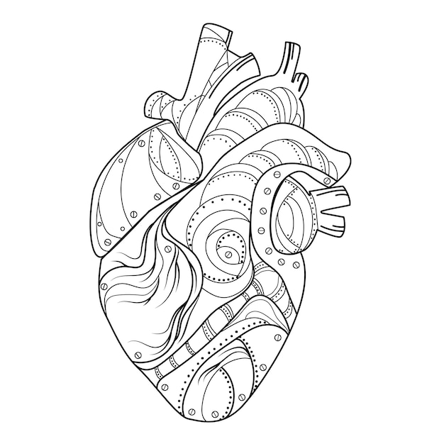 Vector abstract mechanisch menselijk hart in steampunk-stijl lijnwerk tekening vectorillustratie. surrealistisch