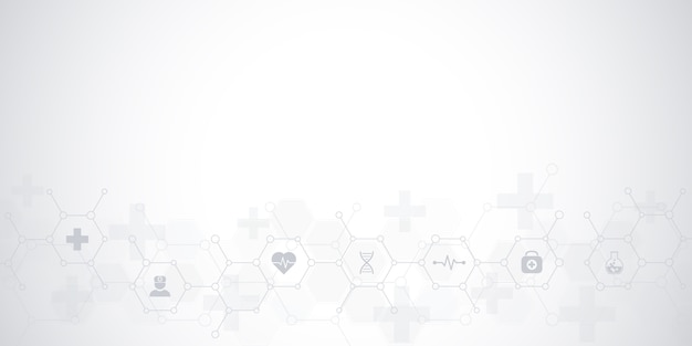 Вектор Абстрактный медицинский фон с плоскими значками и символами. дизайн шаблона с концепцией и идеей для технологий здравоохранения, инновационной медицины, здравоохранения, науки и исследований.