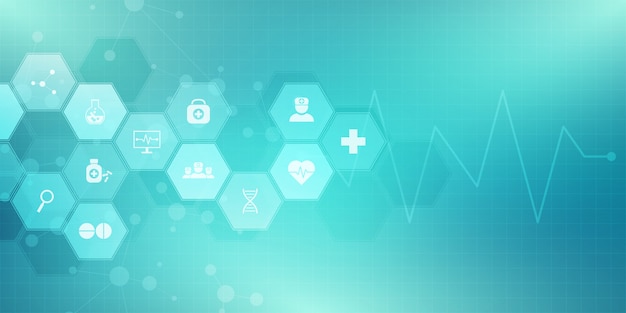 Vector abstract medical background with flat icons and symbols. concepts and ideas for healthcare technology, innovation medicine, health, science and research.