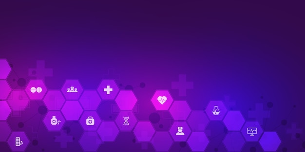 Abstract medical background with flat icons and symbols. Concepts and ideas for healthcare technology, innovation medicine, health, science and research.