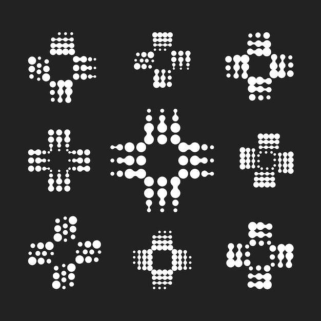 Абстрактная коллекция медицинских символов из белых крестов из кругов на черном фоне шаблоны логотипов аптек