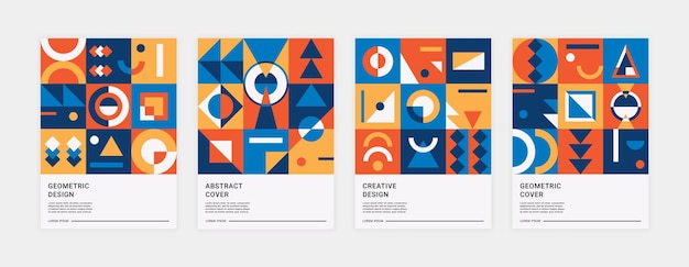 Abstract memphis posters Trendy minimalistic geometric placards with contemporary brutalism shapes Vector banners set dynamic abstract elements pattern