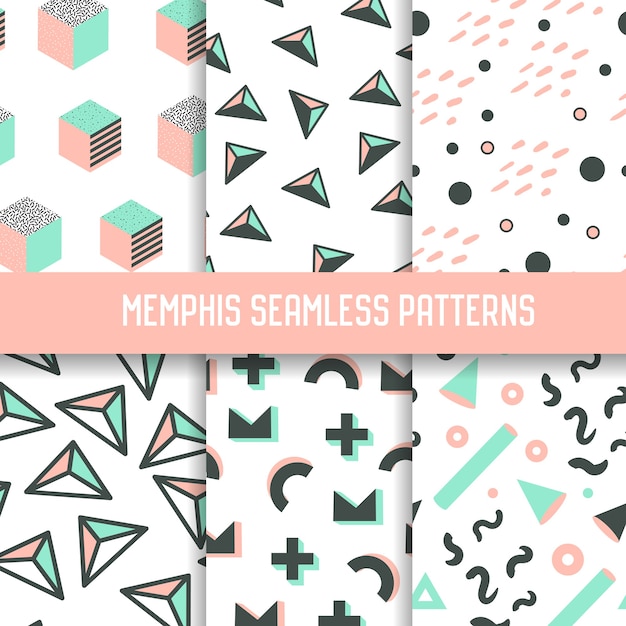 Abstract Memphis Style Seamless Pattern Set. Hipster Backgrounds with Geometric Elements. 