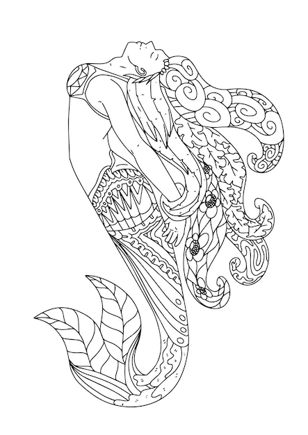 Abstract mermaid adult coloring book page