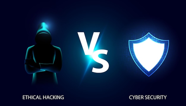 Abstract mesh hacker and shield cybersecurity concept vs comparison between ethical hacking