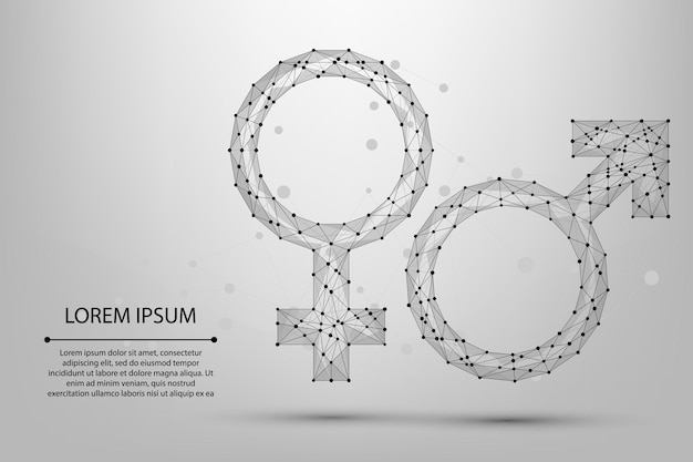 ベクトル 抽象的なメッシュ ラインとポイントの男性と女性のシンボル。低ポリ ワイヤ フレーム セックス コンセプト。多角形ベクトル