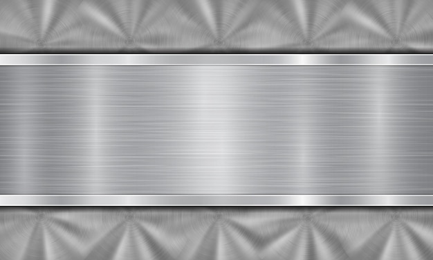 Абстрактный металлический фон в серебряных тонах, состоящий из металлической поверхности с круговой матовой текстурой и полированной металлической пластины с блестящими краями