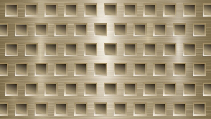Vector 明るい黄金色の四角い穴を持つ抽象的な金属の背景