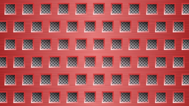 Abstract metal background with square holes in red and gray colors