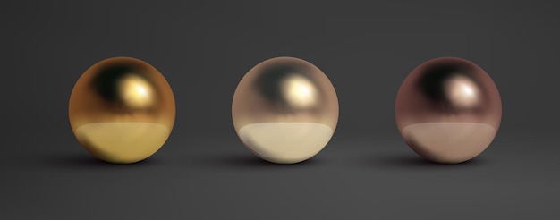 Набор абстрактных металлических шариков жемчужно-черный металл, латунь, серебро, вектор, золотой шар, изолированный объект