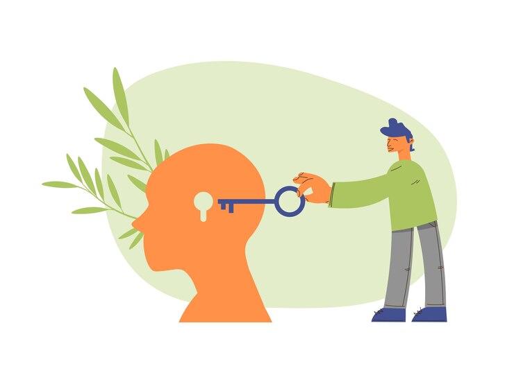Vector abstract metaphor of psychotherapy and psychology man holds key and human head with a keyhole