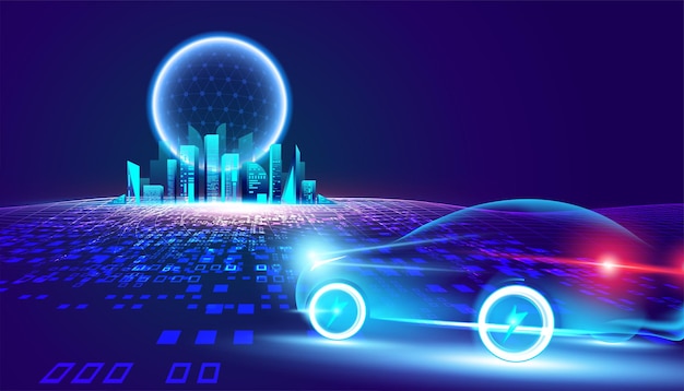 Abstract Metaverse Virtual reality Concept Buildings digital car of Future technology metaverse