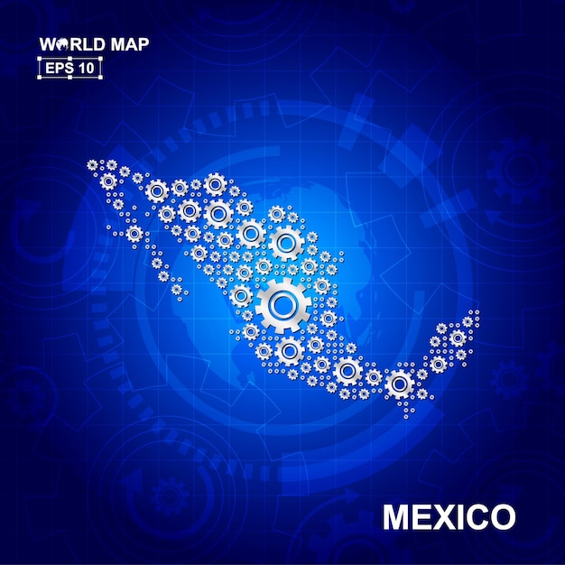 トランスミッションの歯車と歯車のアイコンの概念と抽象的なメキシコの地図のデザイン