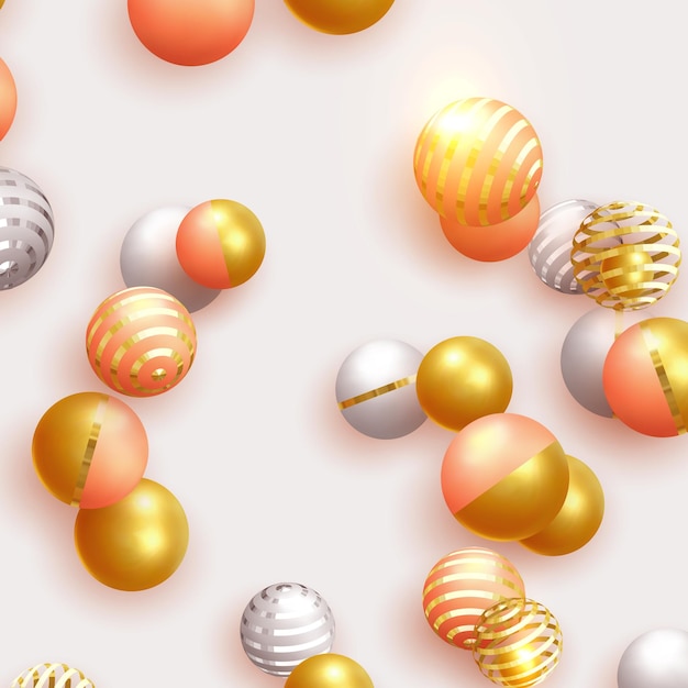 Abstract minimal background. Objects 3d shape gold and silver ball, volumetric round spheres white and pink. Vector realistic geometric elements