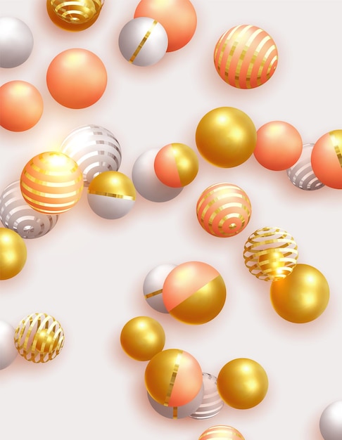 Abstract minimal background. objects 3d shape gold and silver ball, volumetric round spheres white and pink. vector realistic geometric elements