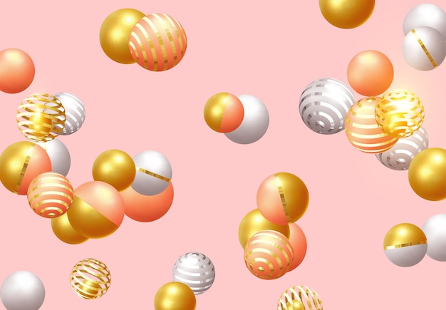 Abstract minimal background. Objects 3d shape gold and silver ball, volumetric round spheres white and pink. Vector realistic geometric elements