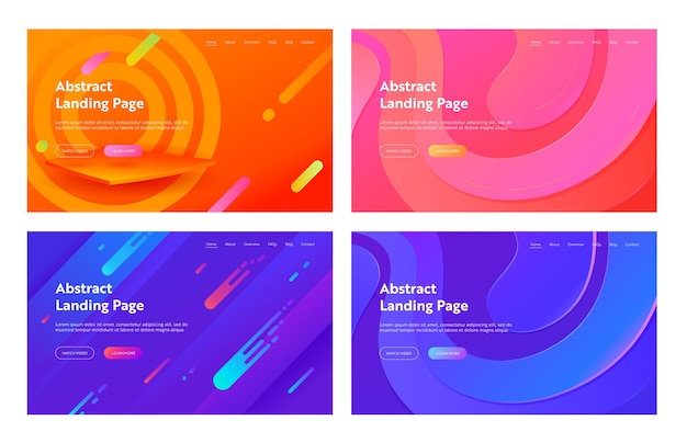 Abstract minimal geometric cover landing page set. colorful futuristic bright layout for modern dynamic digital element concept for website or web page. flat cartoon vector illustration