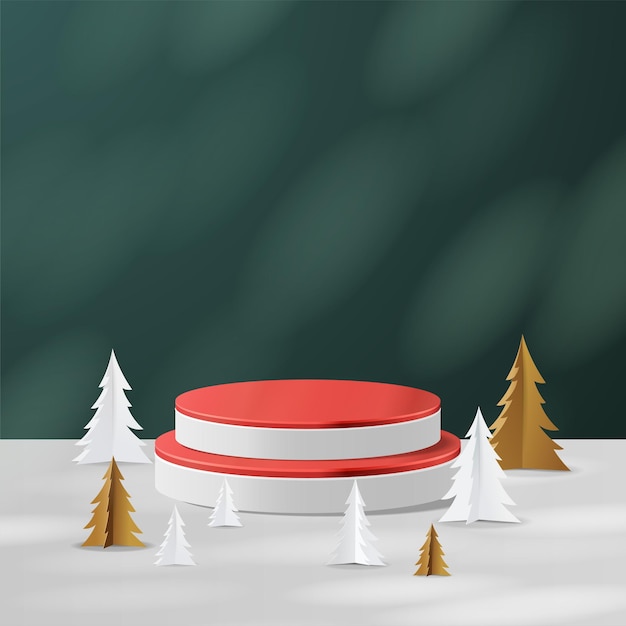 Vector abstract minimal mock up scene geometry red podium shape for show cosmetic product display stage pedestal or platform winter christmas green background with tree xmas 3d vector