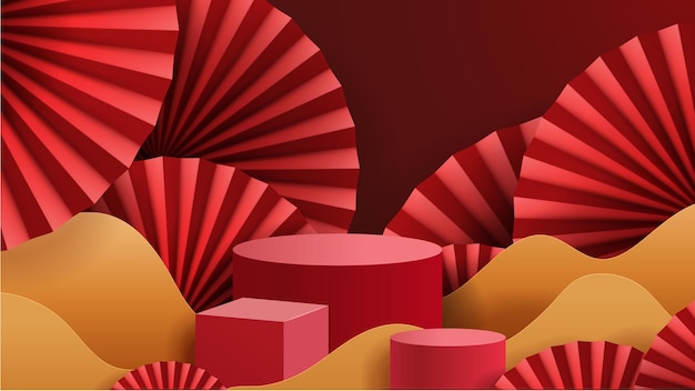 Abstract minimal mock up scene. podium for show product display. stage pedestal or platform. Chinese new year red and gold background. 3D vector