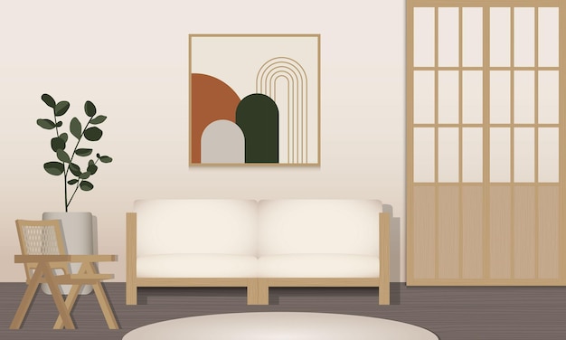Vector abstract minimal modern japanese living room interior concept in beige and wooden earth tone colours