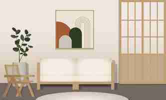 Vector abstract minimal modern japanese living room interior concept in beige and wooden earth tone colours