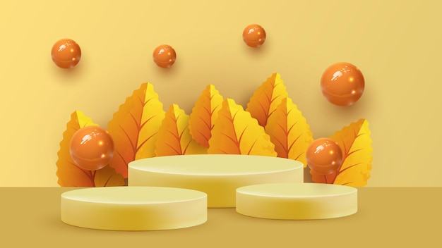 Abstract minimal scene with autumn geometric forms. cylinder podium in orange background with autumn plant leaves. product presentation, mockup, show product, podium, stage pedestal or platform.