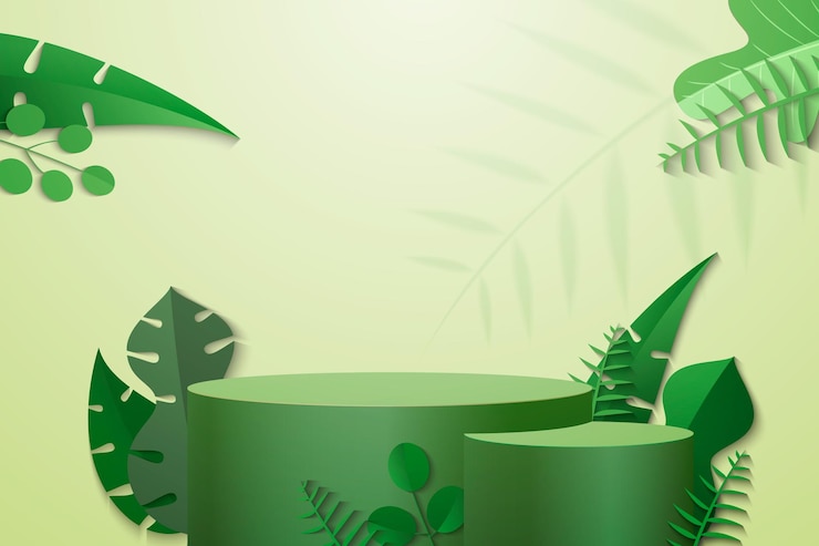 Vector abstract minimal scene with geometric forms cylinder podium in green background with green plant leaves