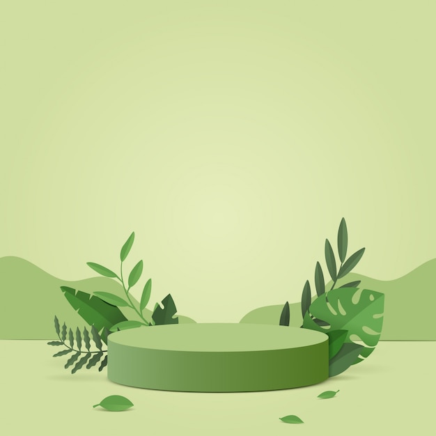 Vector abstract minimal scene with geometric forms. cylinder podium in nature green background with green plant leaves.