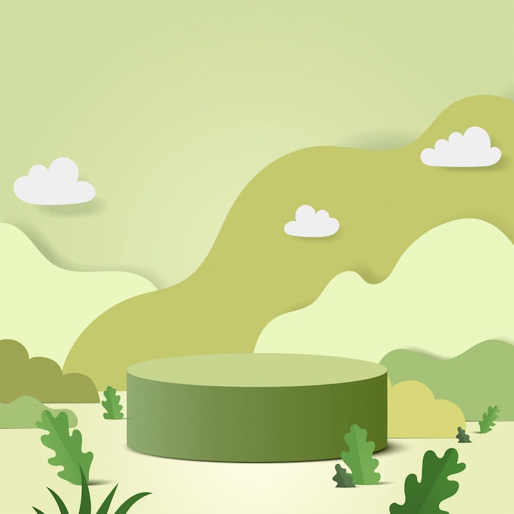 Vector abstract minimal scene with geometric forms. cylinder podium in nature green background with green plant leaves.