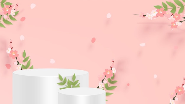 Abstract minimal scene with geometric forms. cylinder podium  with pink sakura flower.