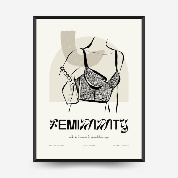 Abstract minimalist aesthetic poster template with thin lines, floral patterns, plants, woman.