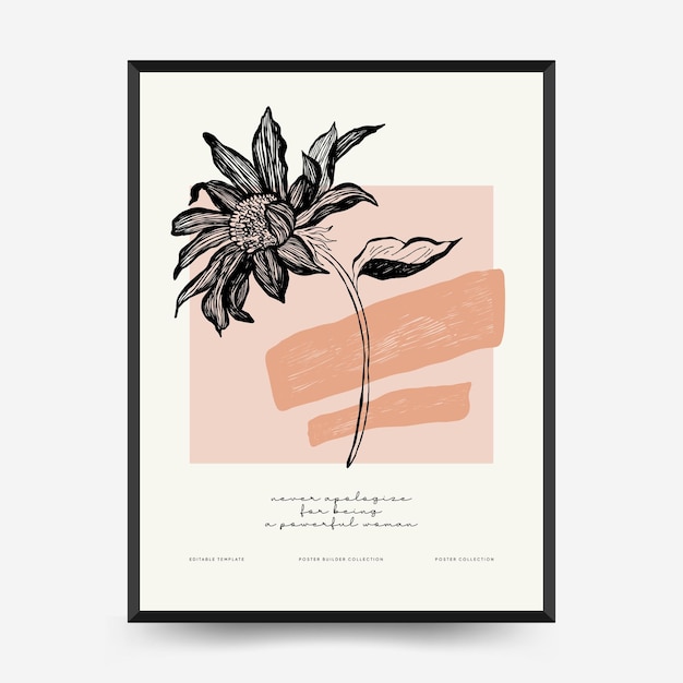 Abstract minimalist aesthetic poster template with thin lines, floral patterns, plants, woman.