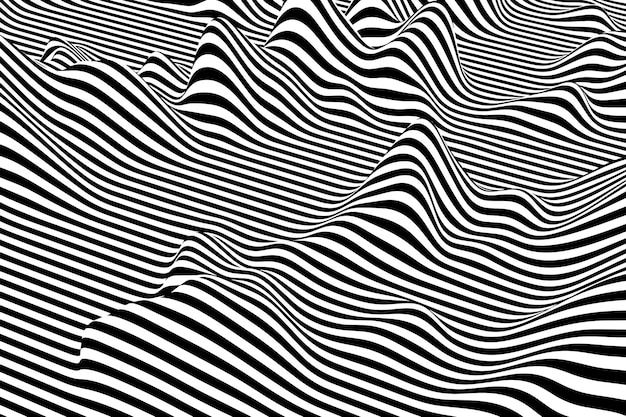 Abstract minimalist black and white striped liquid wavy surface background in psychedelic style