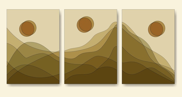 Abstract minimalist boho mountain landscape poster illustration set Modern background with sun and hills minimalist wall decor Vector art print