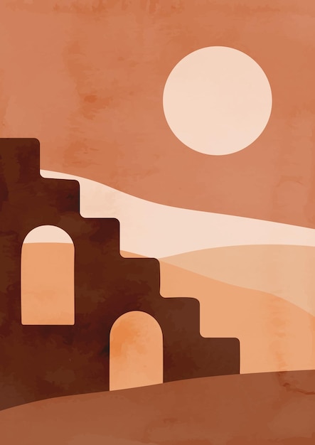 abstract minimalist landscape poster Desert old city Abstract ruins art Boho midcentury print