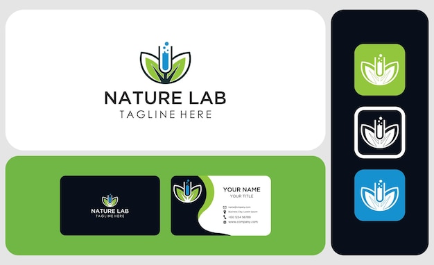 abstract minimalist logo and business card template Erlenmeyer and leaves vector natural science