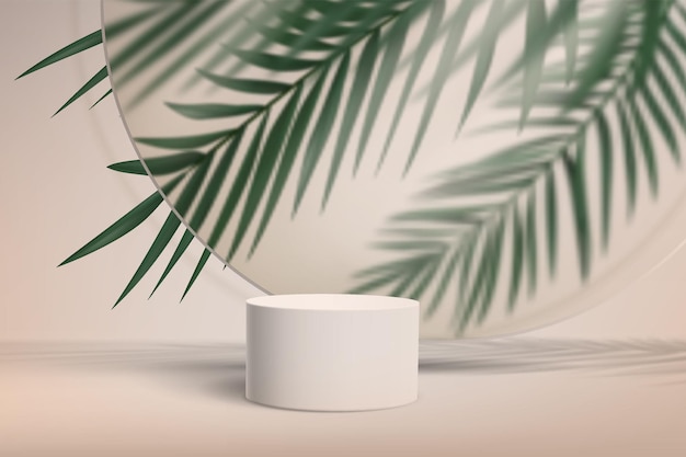 Abstract minimalistic background with pedestal for product showcase with palm leaves behind glass