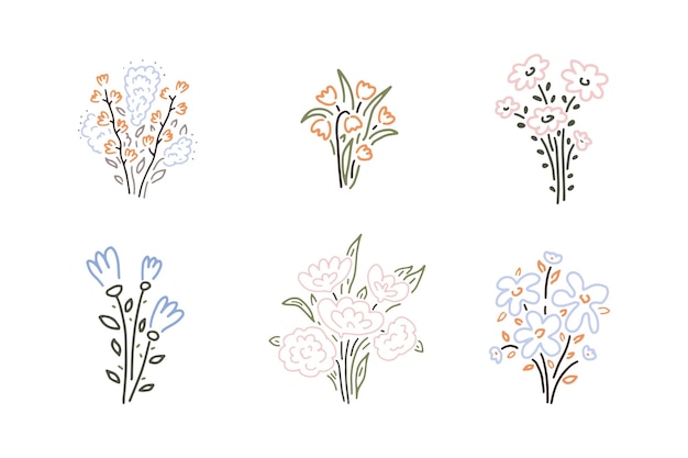 Vector abstract minimalistic flowers in retro style. spring floral bouquets set in doodle sketch style