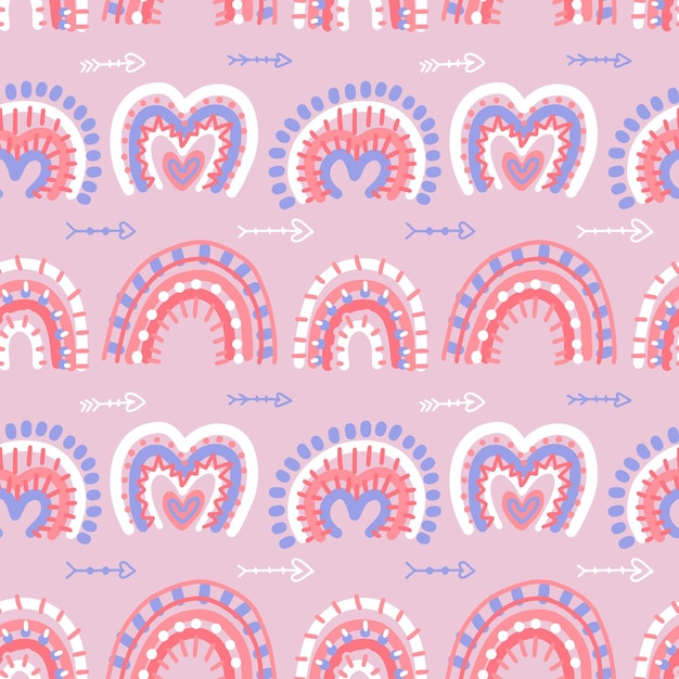 Abstract modern boho rainbows seamless pattern with valentines love hrat shapes