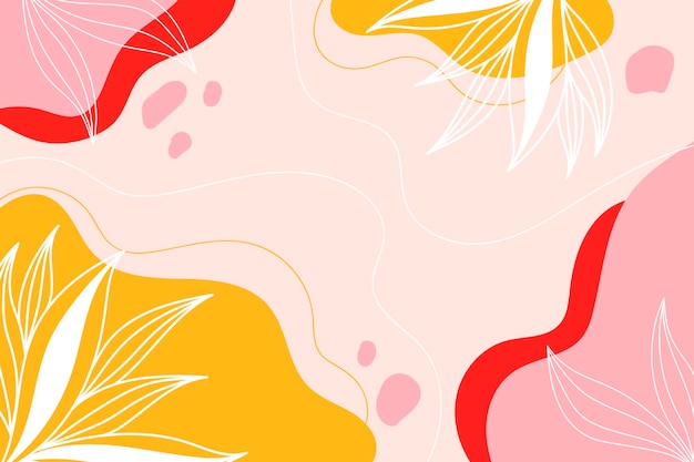 Abstract modern botanical background with white leaves, pink and yellow colors.