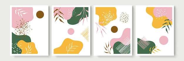 Abstract modern botanical boho poster collection. organic bohemian wall art poster with watercolor abstract shapes. neutral pastel color, foliage drawing