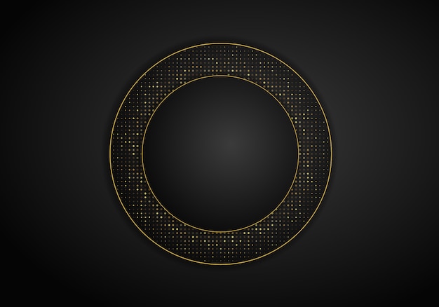 Abstract modern dark background with overlap layers. Realistic texture with golden dots element, shiny light effect circle glitters. Technology Design Template.