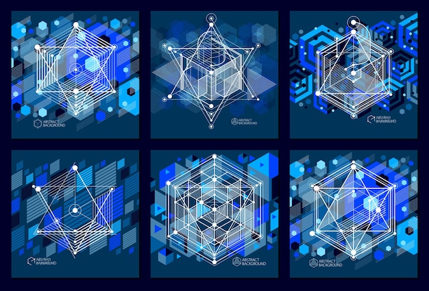 Абстрактные современные ретро синий черный 3D набор фонов, геометрические футуристические формы векторные иллюстрации. Абстрактная схема двигателя или инженерного механизма.
