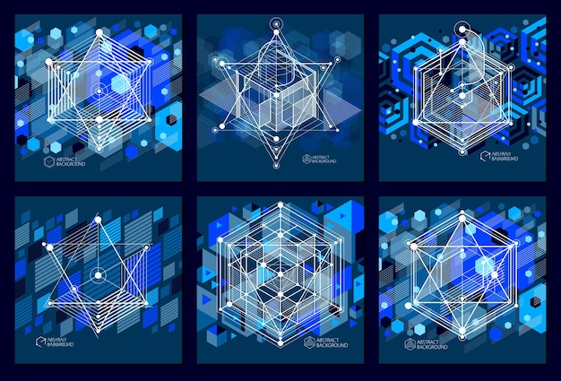 추상적이고 현대적인 복고풍 파란색 검정색 3D 배경 세트, 기하학적 미래 모양 벡터 그림 엔진 또는 엔지니어링 메커니즘의 추상 체계.