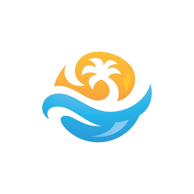 Abstract modern seascape vector Beach water wave tide palm tree sky sun logo icon