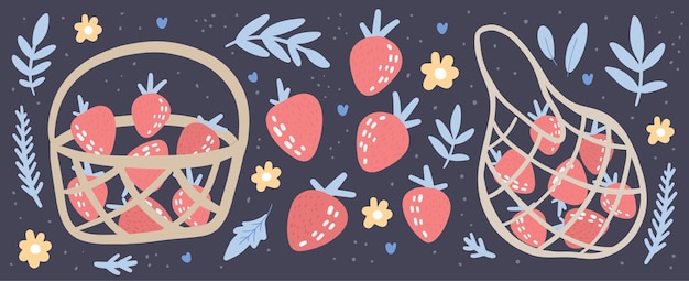 Abstract modern set of strawberries in basket vector hand drawn berries with flowers and leaves