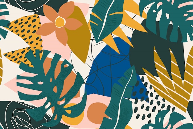 Vector abstract modern tropical exotic plants and geometrical shapes seamless pattern.