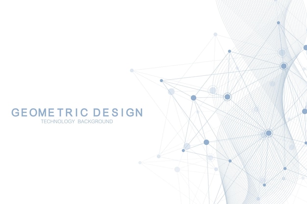 Modello astratto di rete molecolare con linee e punti dinamici. onda di flusso, senso della scienza e del design grafico della tecnologia. illustrazione geometrica di vettore.